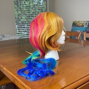 Long wavy wig orange yellow blue green pink multi color dancer pole costume